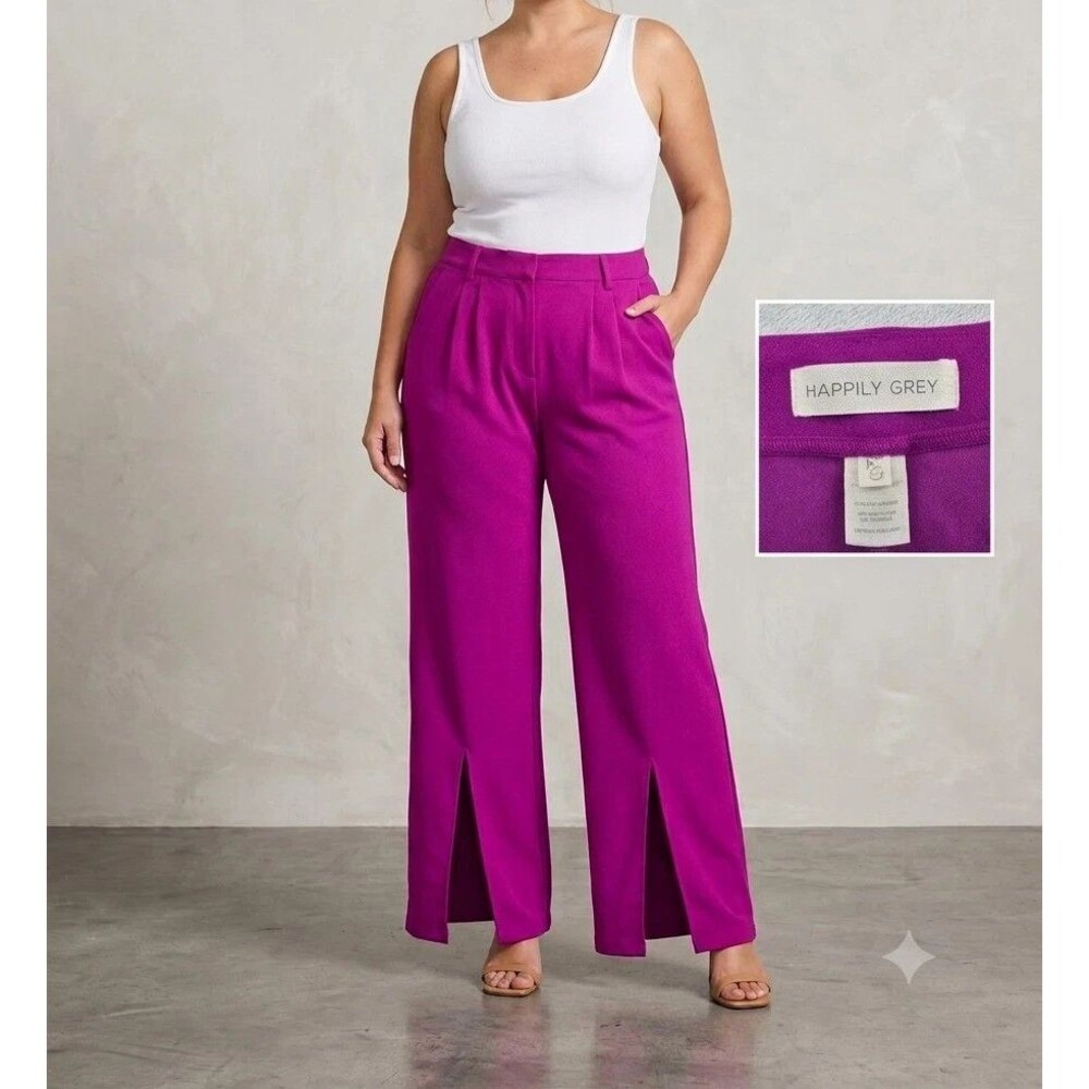 Happily Grey Pants Womens Size 11 Pink Wide Leg High Rise Stretch Slit Comfort